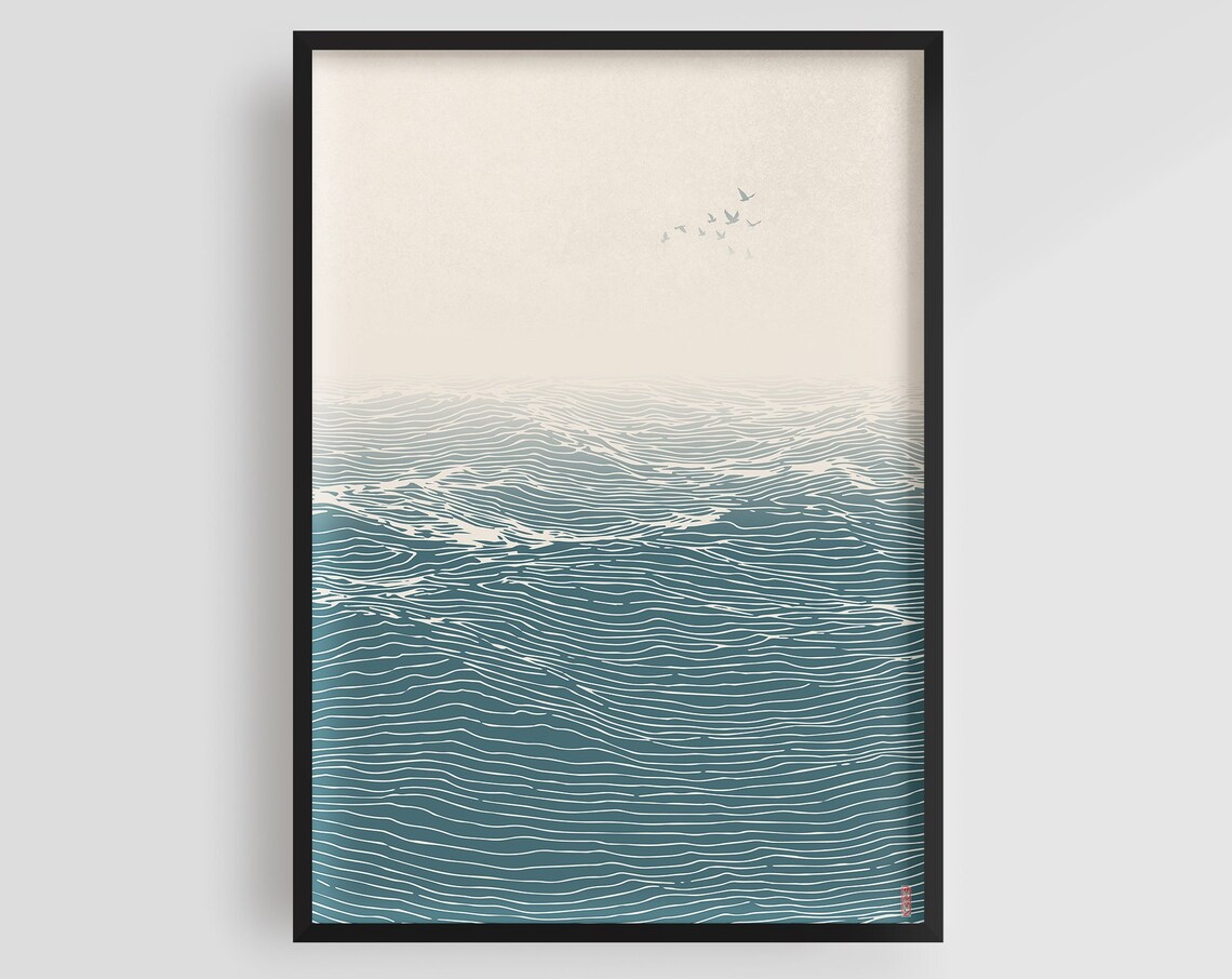 Out At Sea Japanese Waves, Japandi Travel Poster
