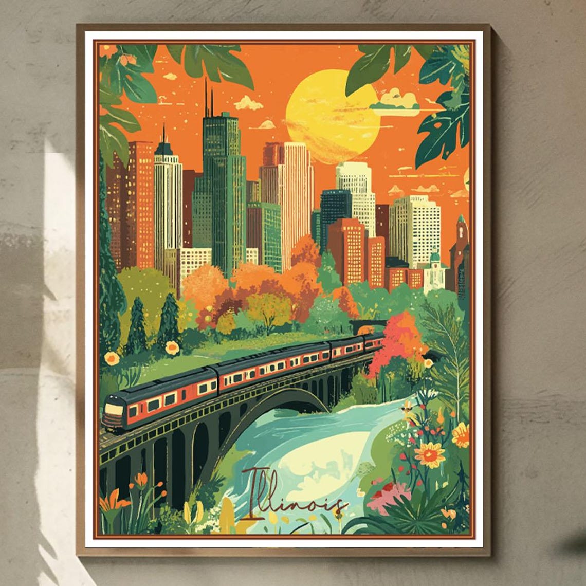 Illinois Chicago Skyline Sunset Train Bridge Vintage Travel Poster