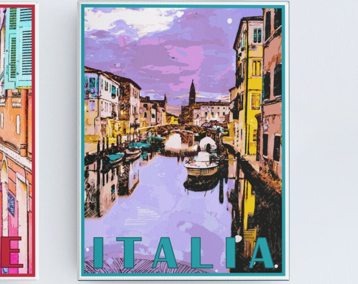 Italia Venice Canal Boats Purple Sky Dusk Vintage Travel Poster