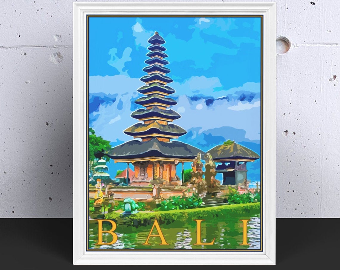 Bali Indonesia Ulun Danu Temple Lake Water Reflection Travel Poster