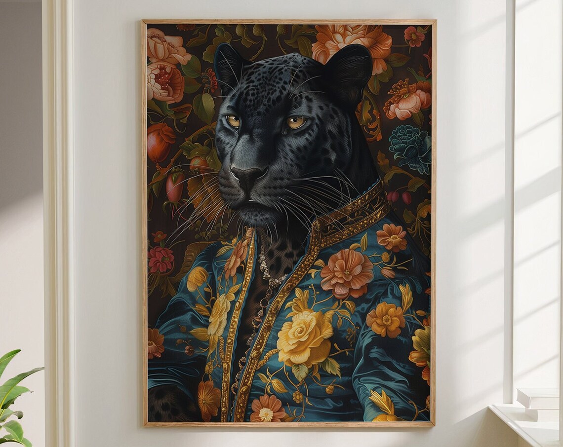 Black Panther Renaissance Portrait Floral Brocade Animal Poster