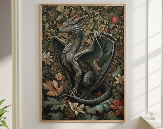 William Morris Inspired Dragon Art Print Decor Dragon Wall Art Poster Year Of The Dragon Large Wall Art 1674