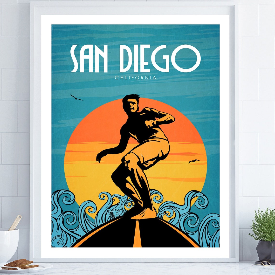 San Diego California Surf Beach Surfer Sunset Retro Travel Poster