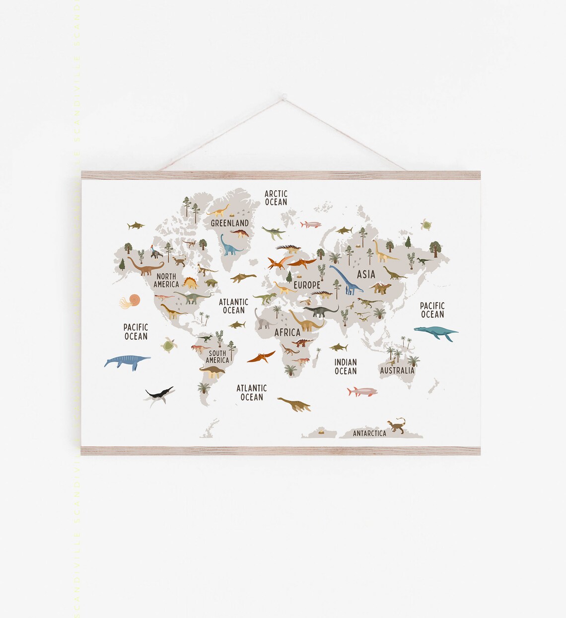 Dinosaur World Map White Nursery Dinosaurs Kids Room Wall Art - Image 4