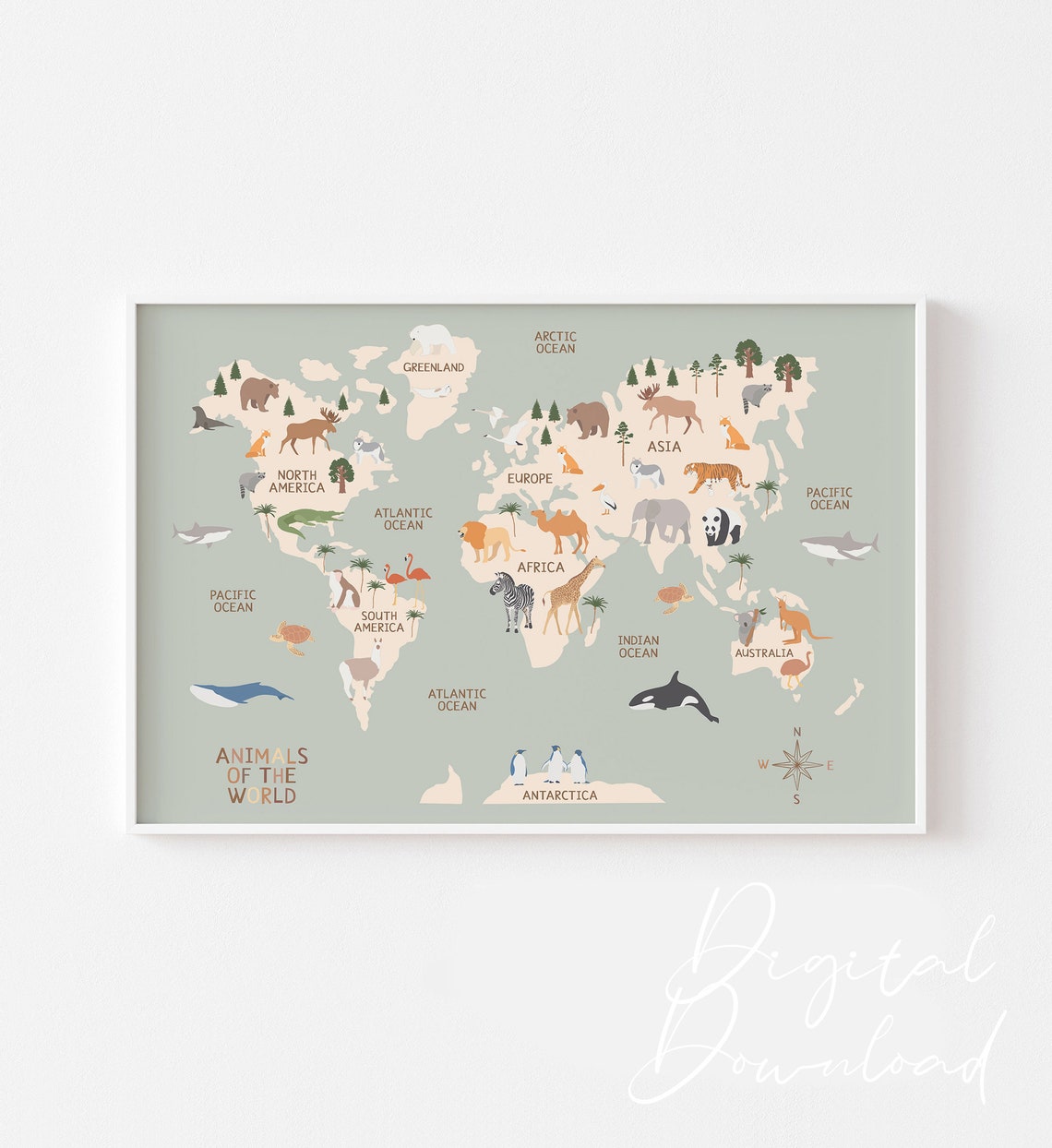 Animals Of The World Sage Nursery World Map Educational Poster Decor - Image 2