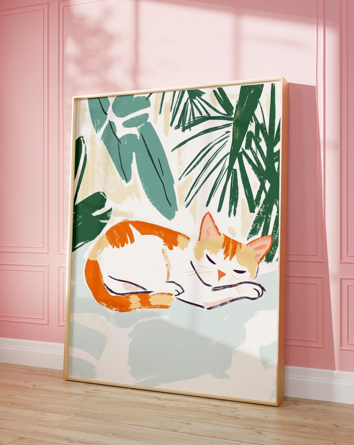 Sleeping Orange Tabby Cat Among Tropical Leaves Cozy Nap Art Poster