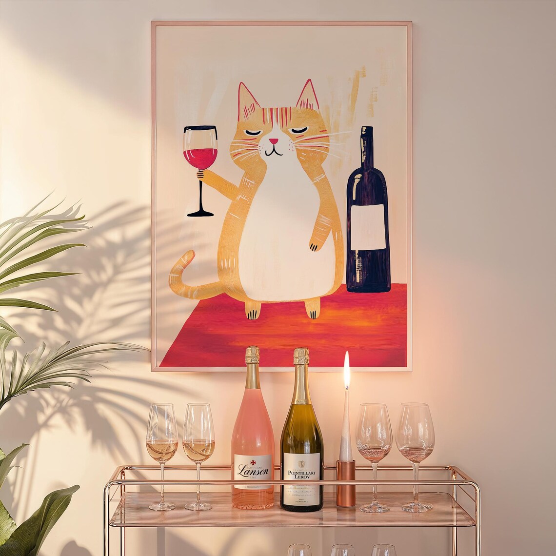 Funny Orange Tabby Cat Holding Wine Glass Bar Cart Decor Art Poster