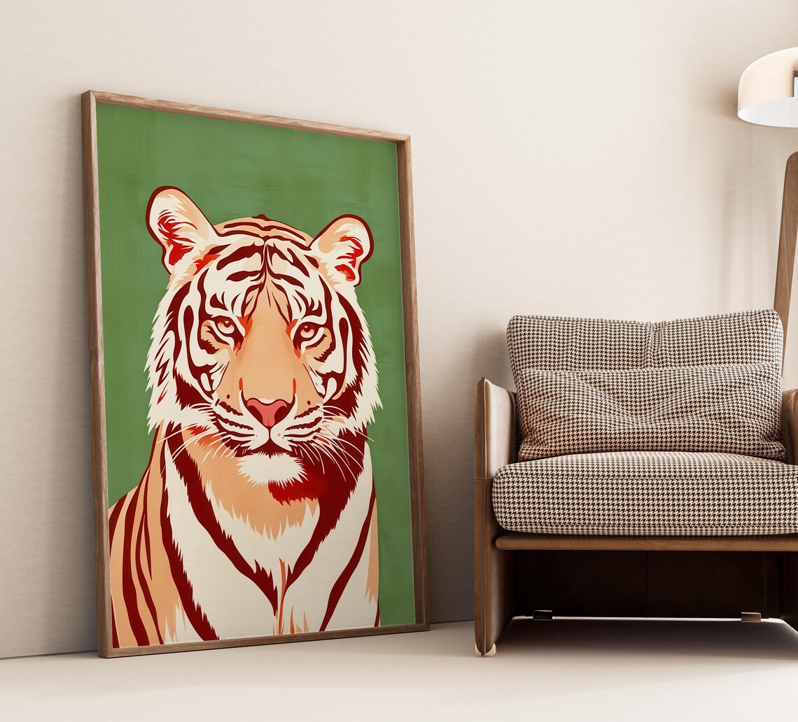 Retro Orange Tiger Face Illustration on Deep Green Background Poster