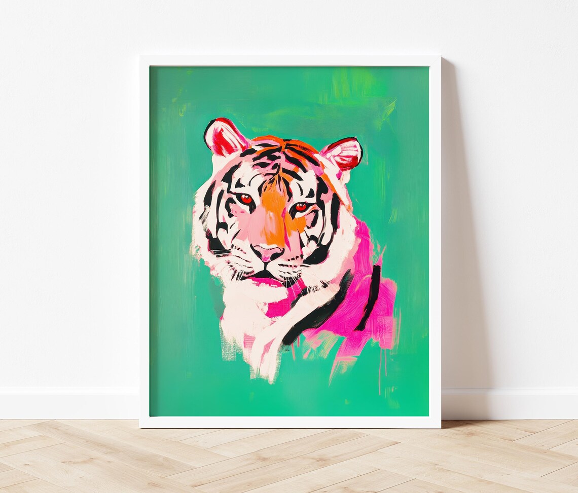 Bold Tiger Face Portrait Hot Pink Emerald Green Pop Art Poster - Image 2