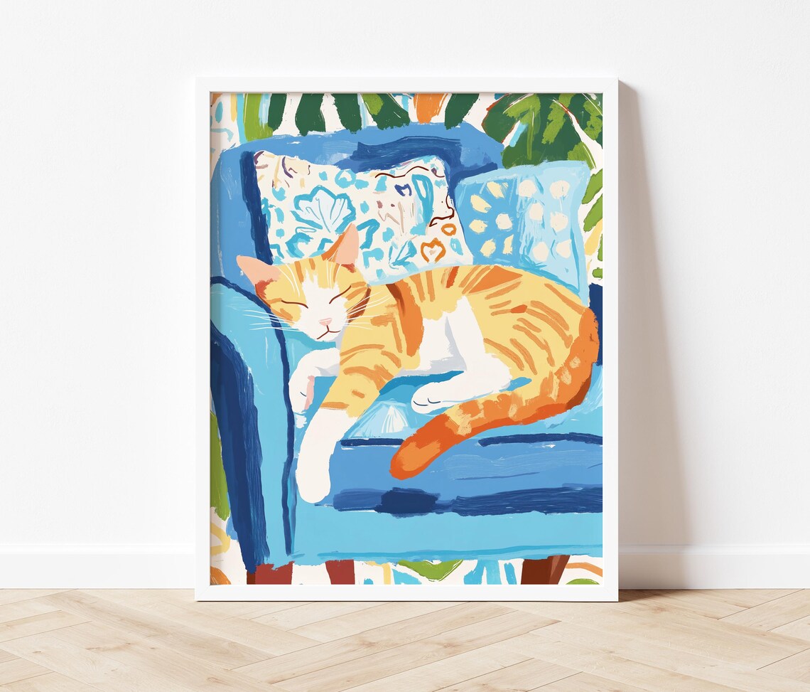 Orange Tabby Cat Sleeping On Bright Blue Armchair Cozy Art Poster