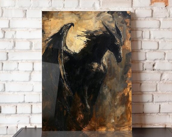 Dark Winged Dragon Oil Painting Fantasy Dark Academia Wall Art Poster