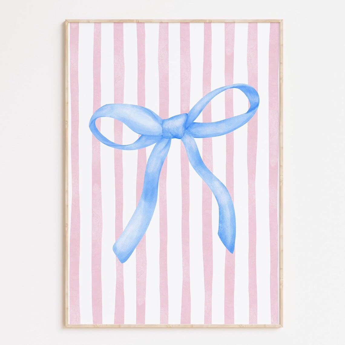 Delicate Blue Watercolor Ribbon Bow Pink Striped Nursery Wall Art