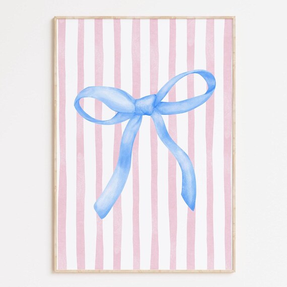 Delicate Blue Watercolor Ribbon Bow Pink Striped Nursery Wall Art