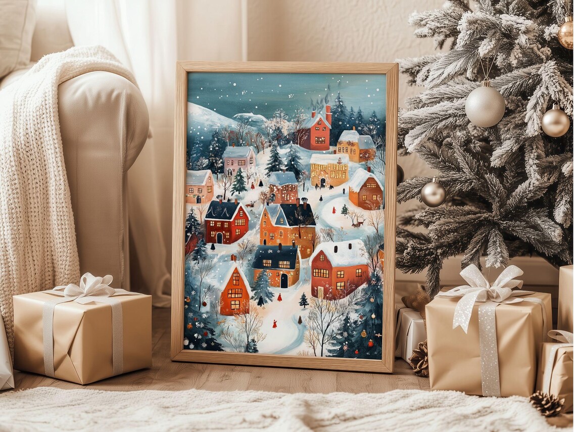 Snowy Christmas Village With Red Cottages Aerial Winter Town Poster - Image 2