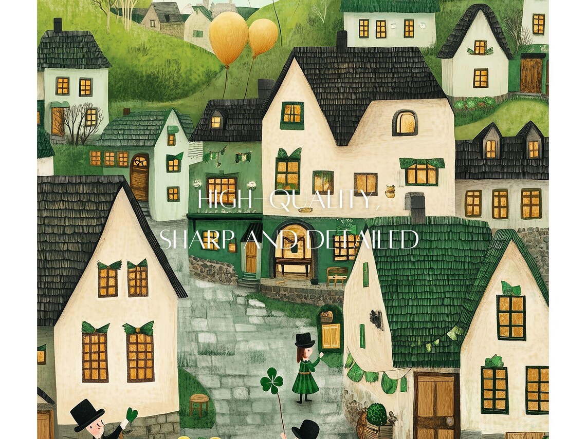 St Patrick's Green Village Street Shamrocks Gold Coins Scene Poster - Image 3