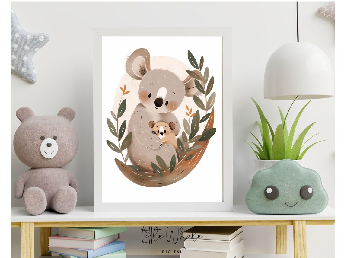 Koala Mom Hugging Baby With Eucalyptus Nursery Watercolor Wall Art Print - Image 3