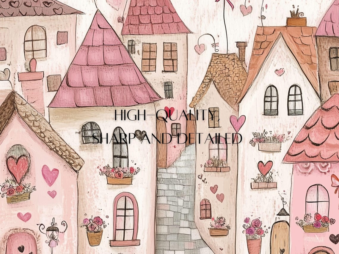 Pink Valentine's Lane Heart Balloons Rose Flower Boxes Scene Poster - Image 3