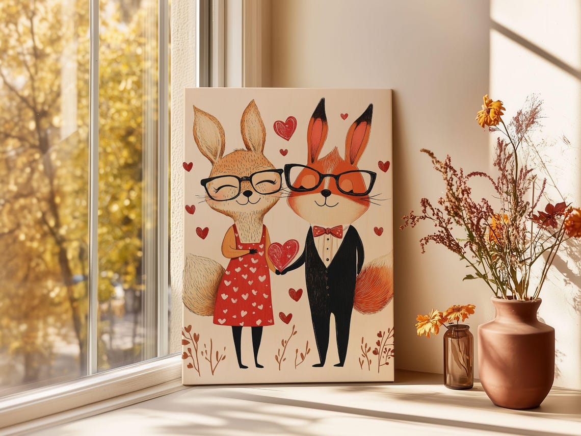 Cute Fox Rabbit Animal Couple Glasses Valentine Sweetheart Poster - Image 2