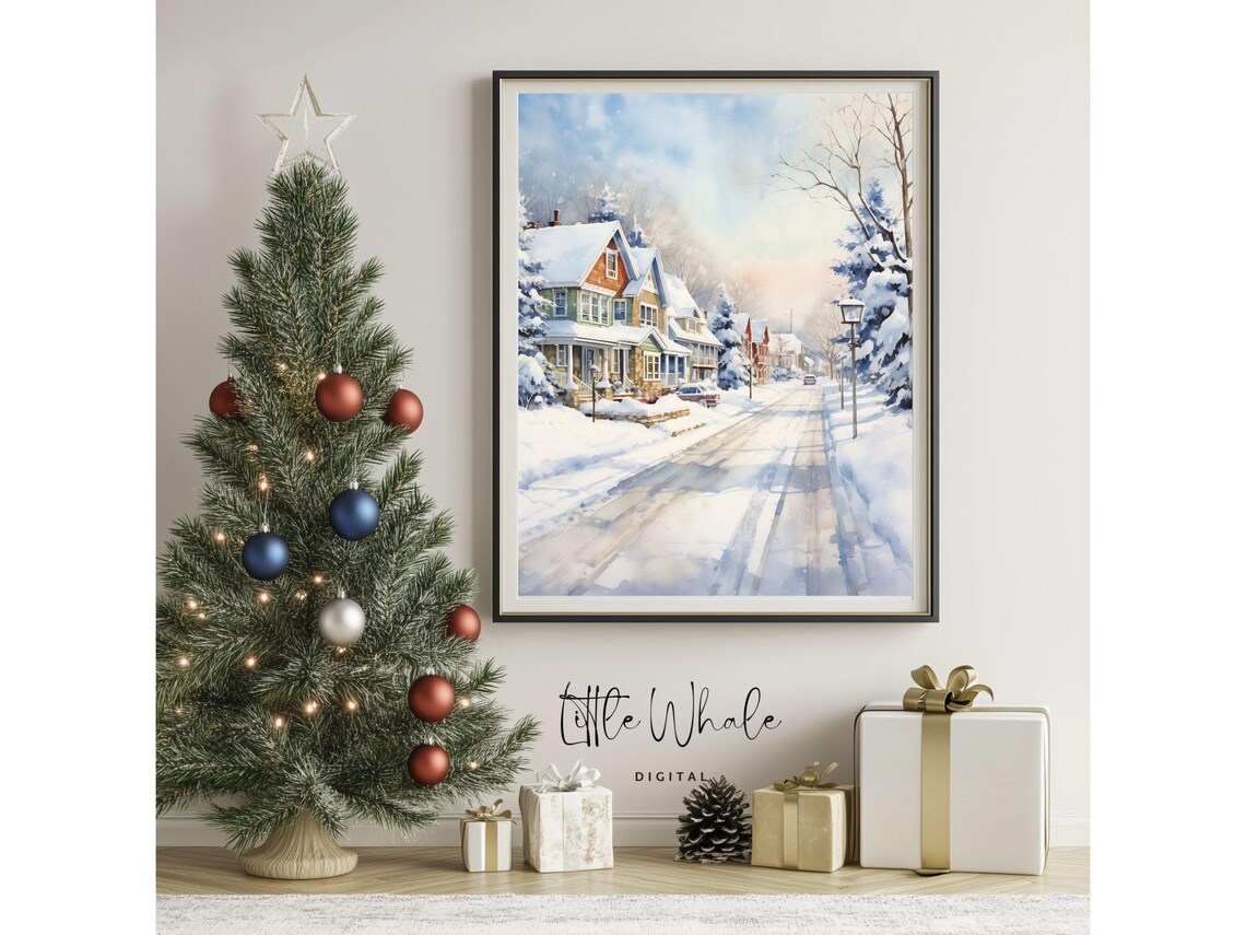 Snowy Suburban Street Winter Scene with Cozy Houses Watercolor Poster - Image 3