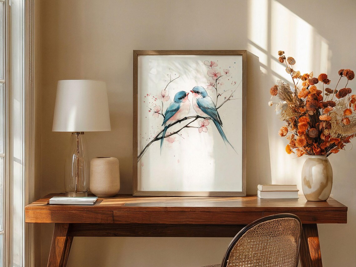 Watercolor Lovebirds On Blossom Branch Spring Bird Art Poster - Image 2