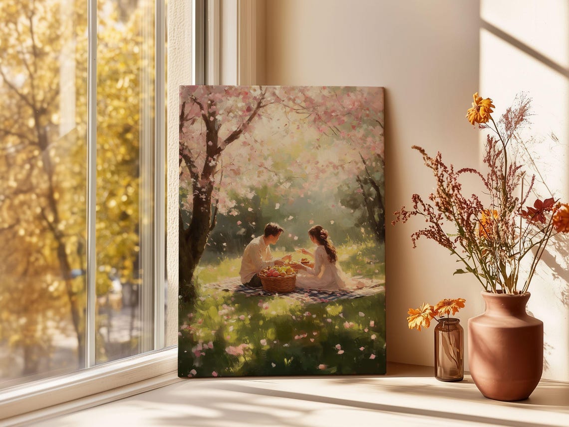Romantic Couple Picnic Beneath Spring Cherry Blossoms Poster