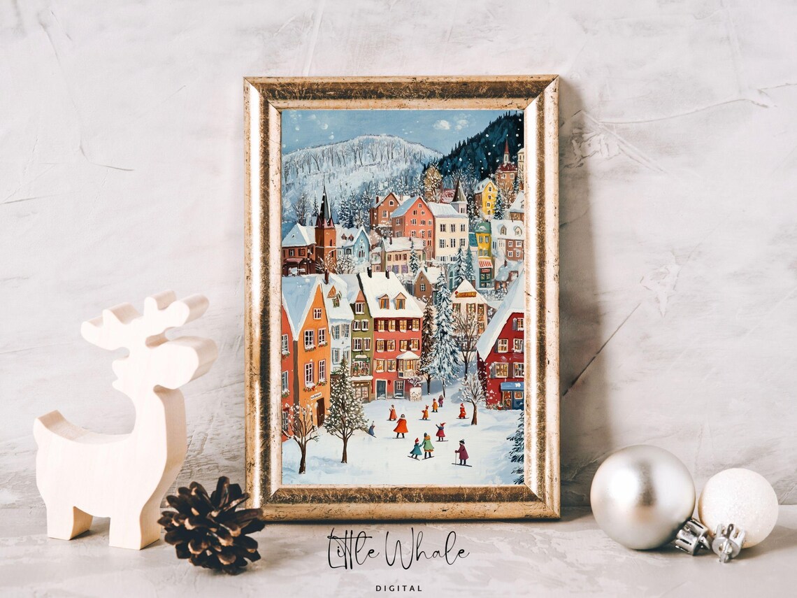 Snowy Mountain Town With Skiers In A Festive Winter Village Poster - Image 2