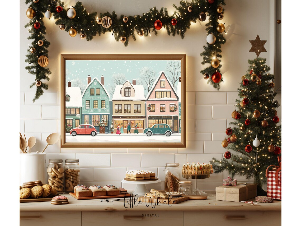 Vintage Cars On A Snowy Christmas Street Horizontal Retro Poster - Image 3