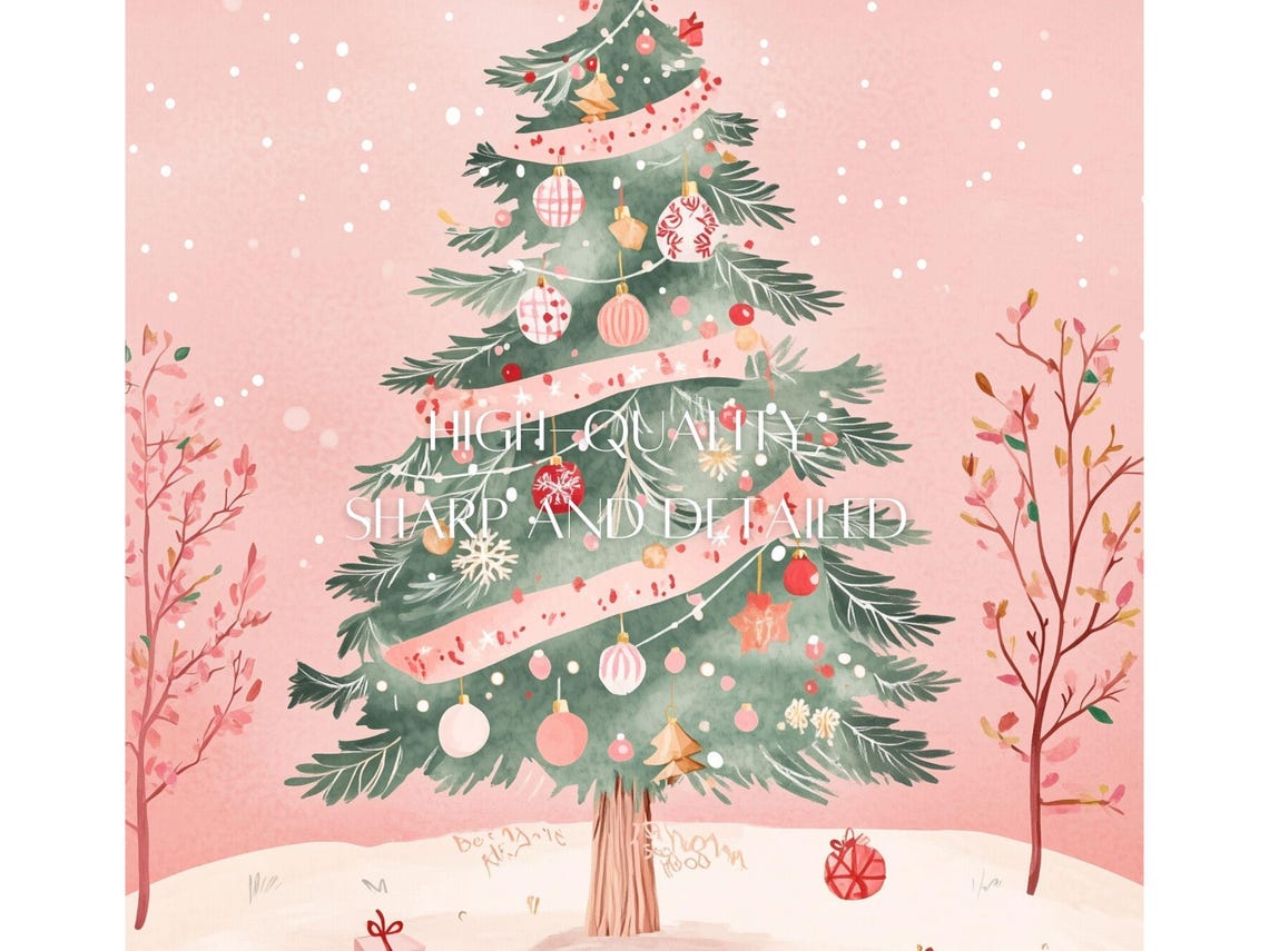 Pink Christmas Tree With Ribbons And Ornaments On Blush Sky Poster - Image 2