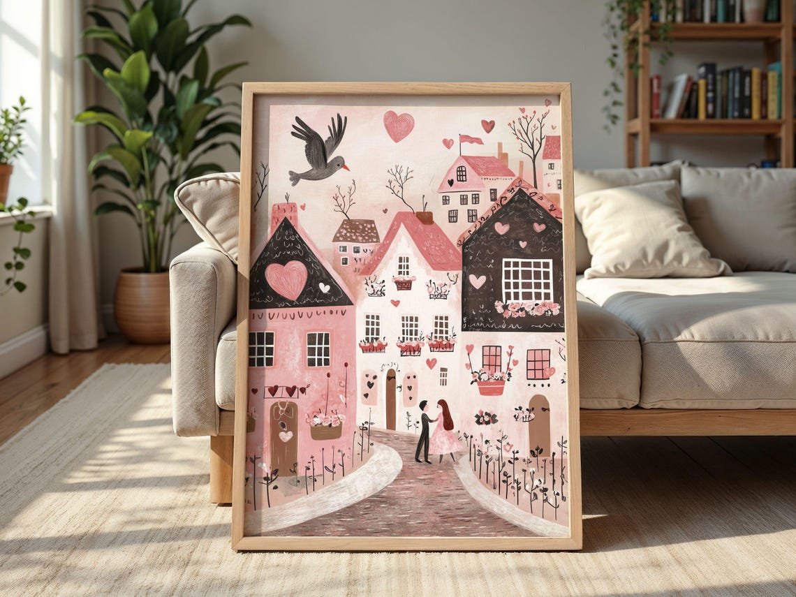 Valentine's Pink Town Couple Heart Decorated Houses Scene Poster - Image 2