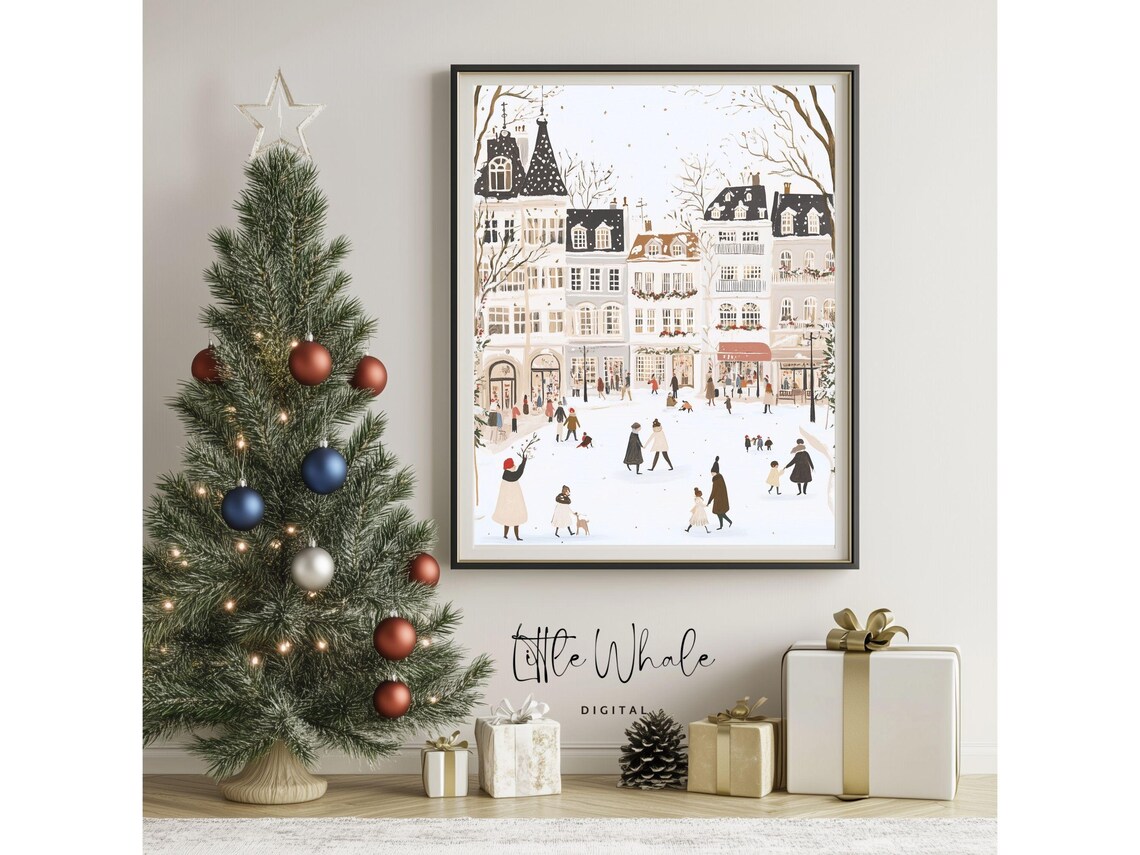 Snowy European City Square With Shoppers Festive Winter Day Poster - Image 4