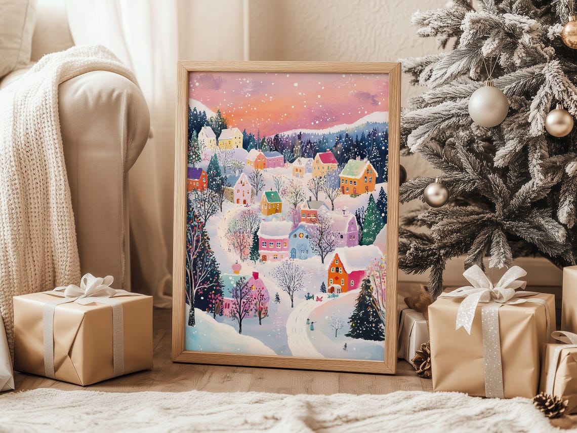 Cozy Pastel Pink Sunset Snowy Christmas Village Holiday Wall Art