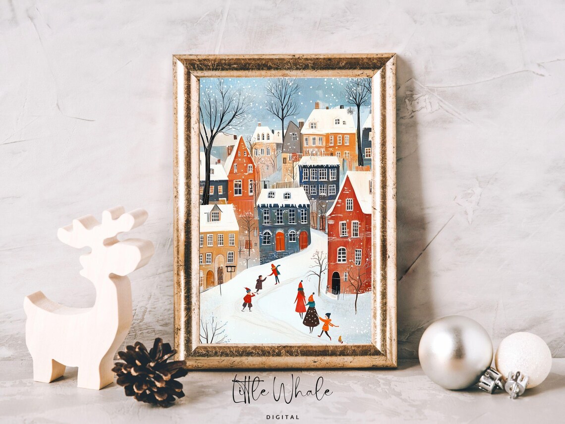 Snowy Christmas Village Kids Playing Among Colorful Houses Wall Art - Image 2