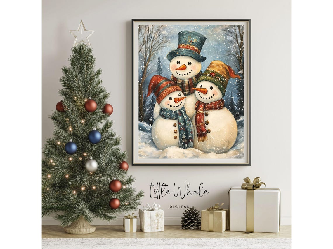 Cute Snowman Family in Falling Snow Cozy Winter Holiday Scene Poster - Image 3