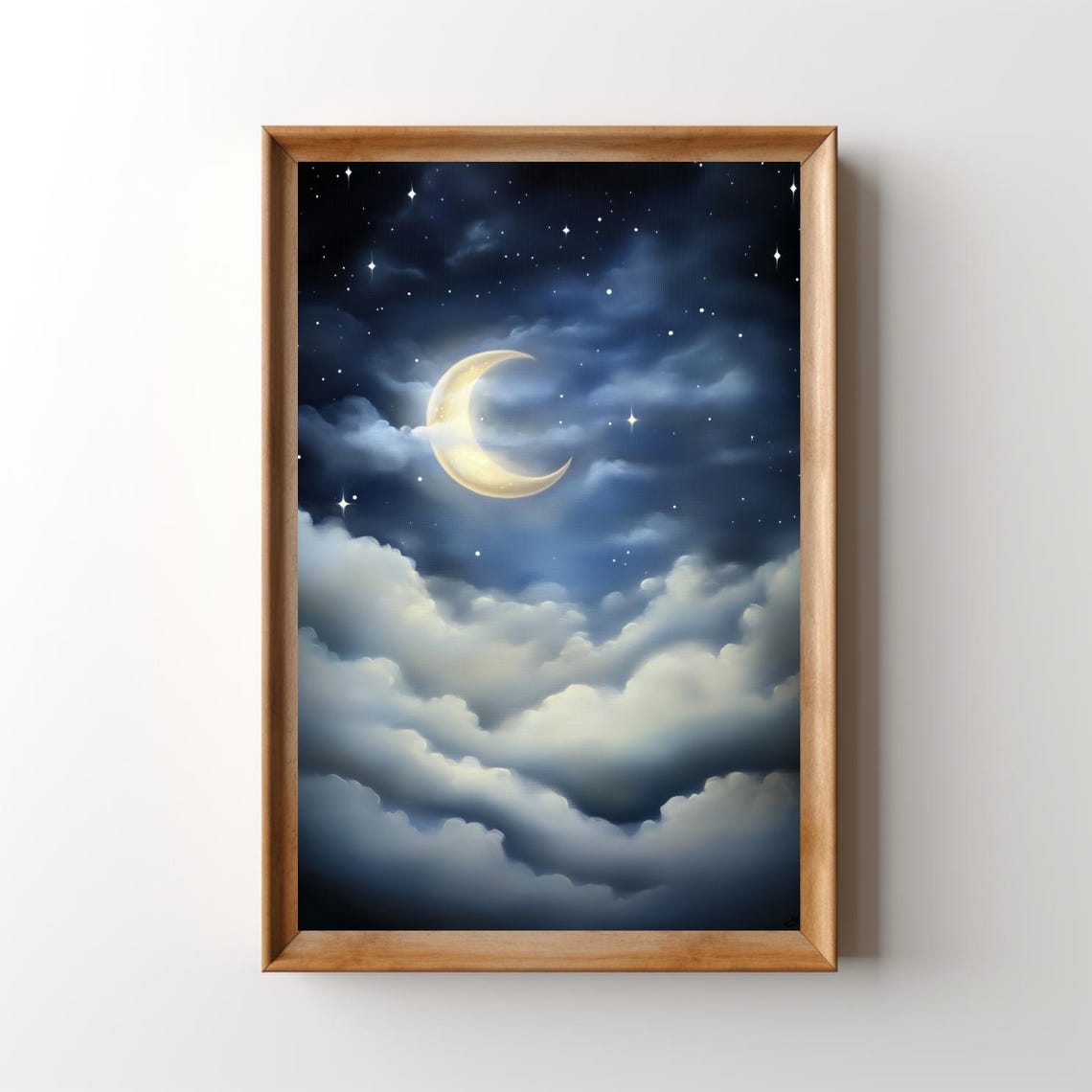 Misty Moon Print Starry Night Sky Painting Crescent Moon And Stars Wall Art Celestial Decor Witchy Lunar Poster Dark Moody Sky - Image 5