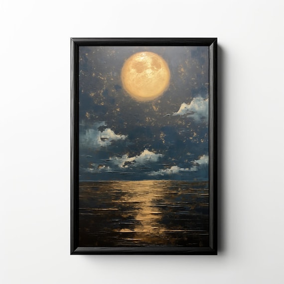 Night Sky Full Moon Oil Painting Moon Painting Night Sky Painting Celestial Painting Moon Wall Art Nigh Sky Art Evening Sky