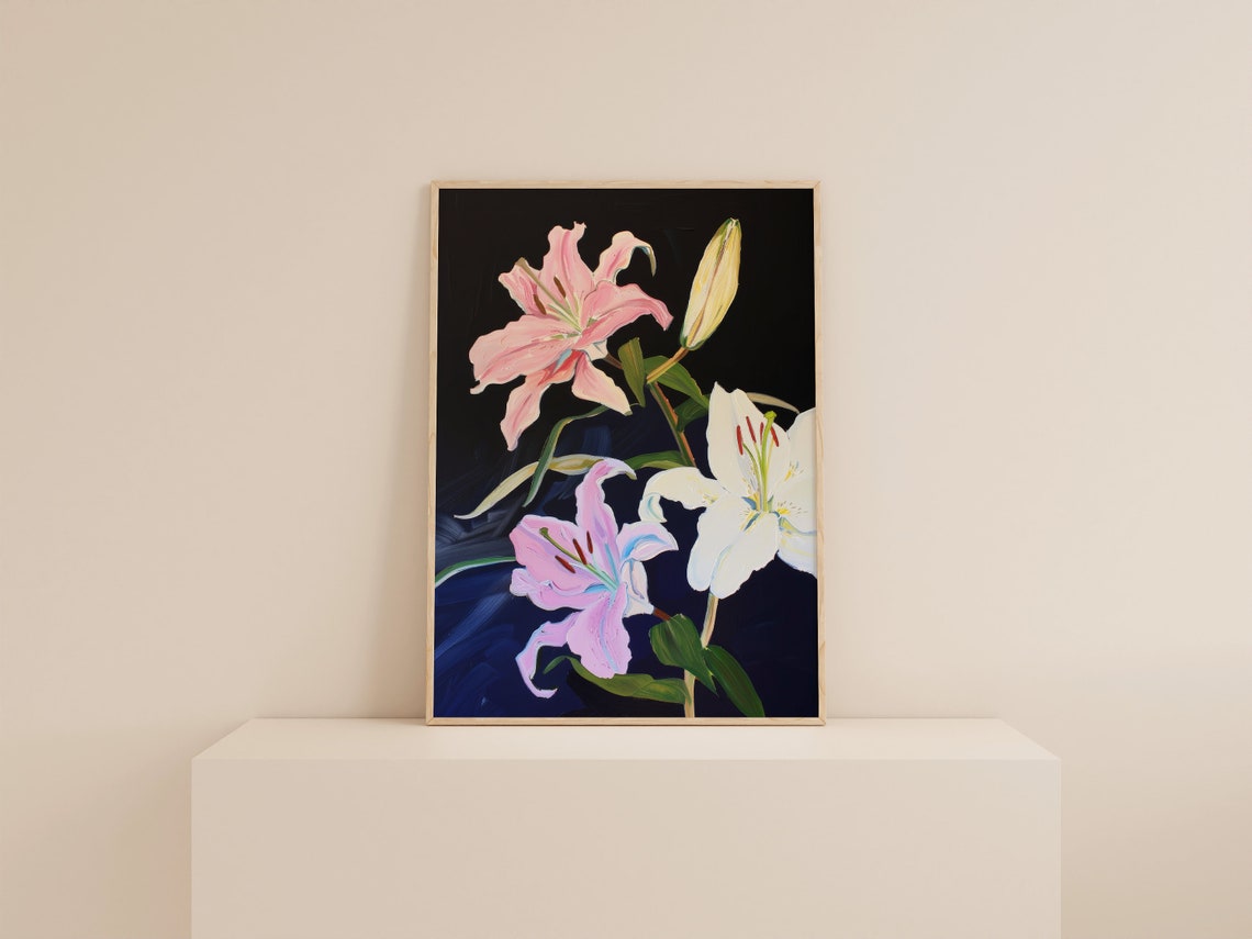 Elegant Pastel Lilies Floral Painting On Dark Background Poster - Image 2
