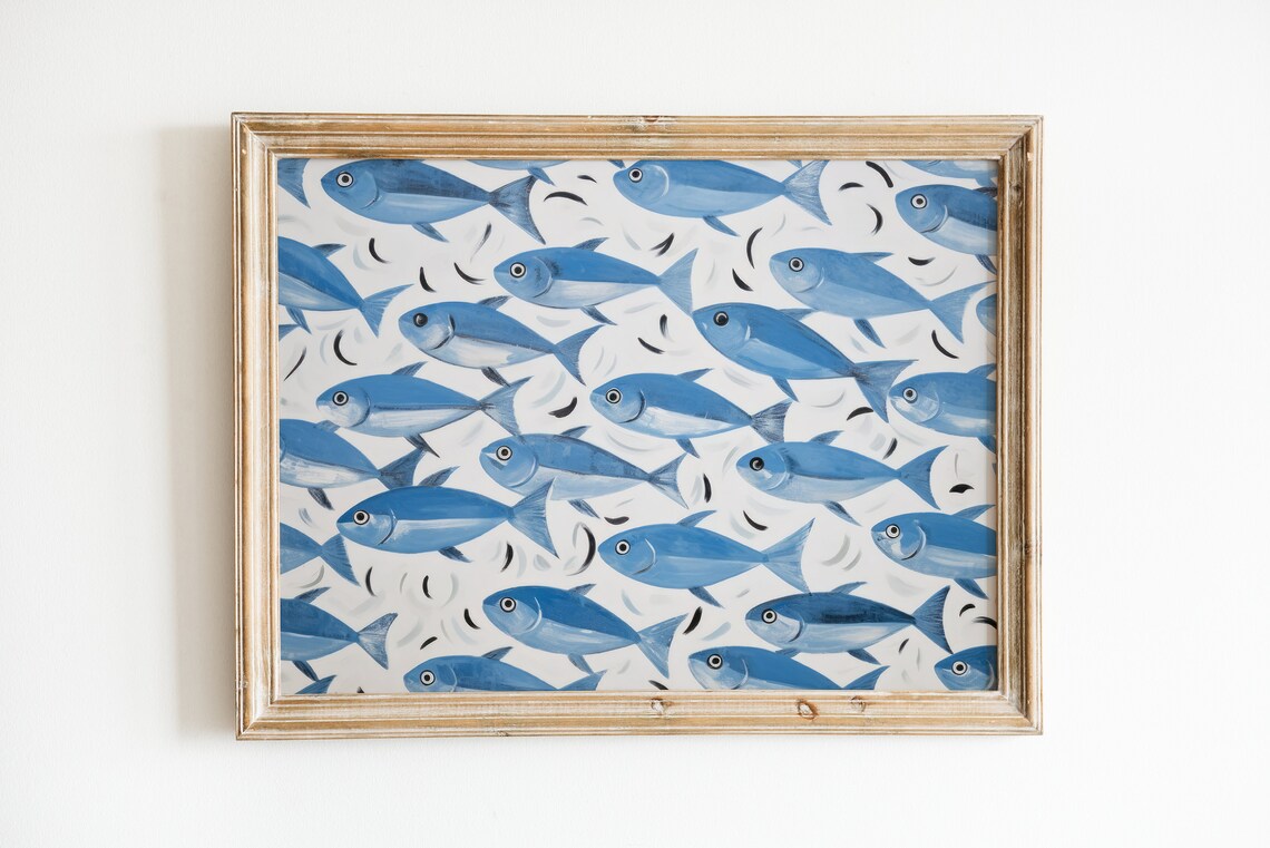 Fish Painting Blue Art Print, Coastal Kitchen Decor