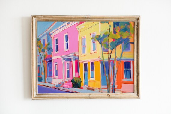 Preppy Abstract Cityscape Painting, Maximalist Office Decor