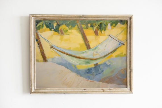 Beachy Yellow Hammock Painting, Coastal Art Print