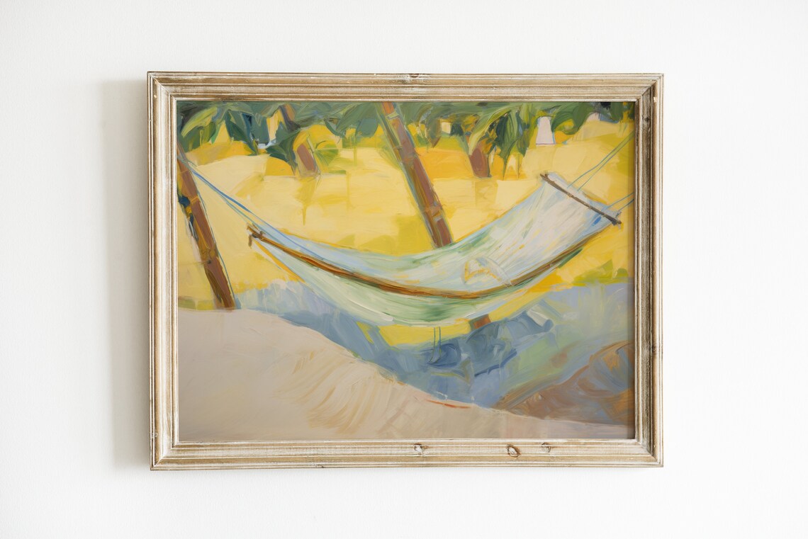 Beachy Yellow Hammock Painting, Coastal Art Print