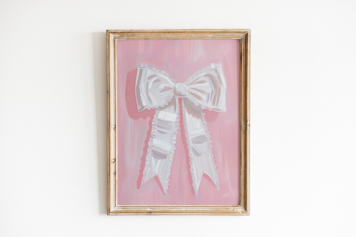 Preppy Bow Print, Pink and White Wall Art