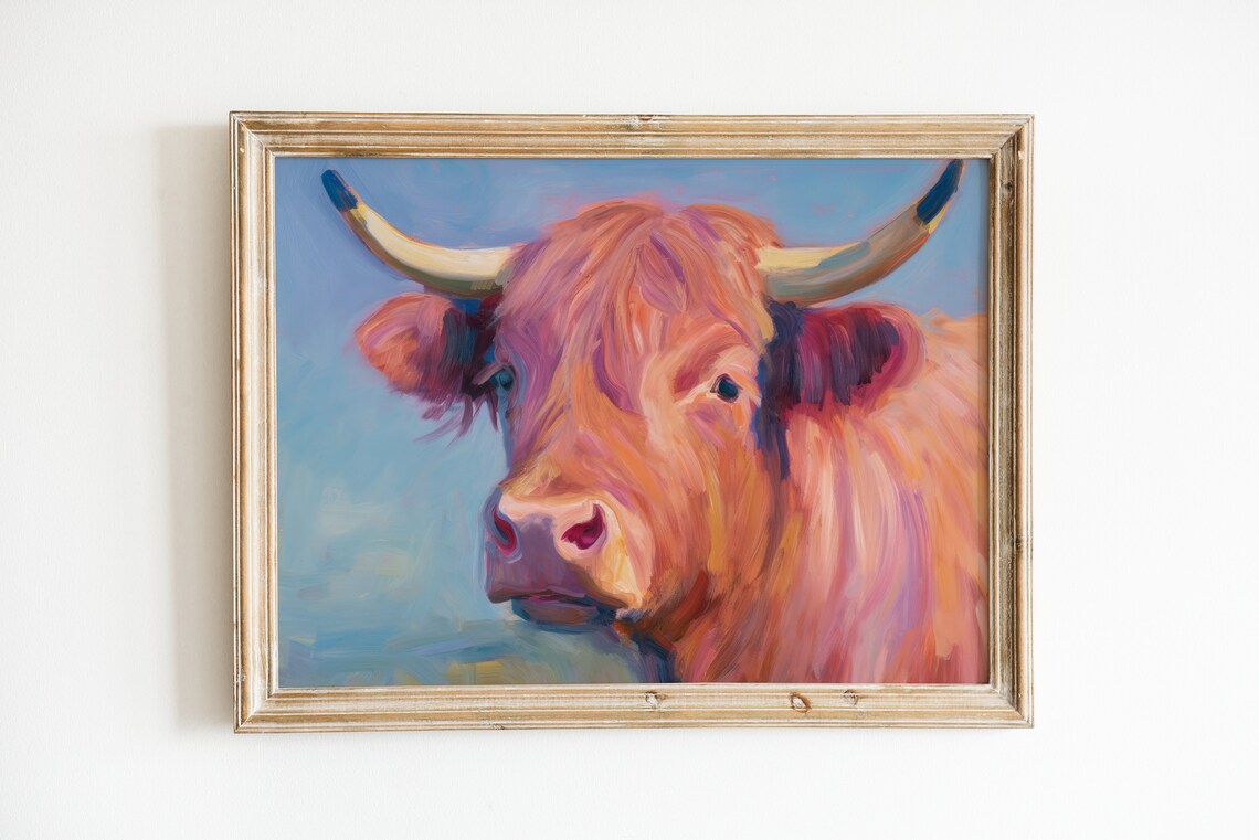 Pink Highland Cow Maximalist Art Print, Funny Decor