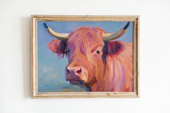 Pink Highland Cow Maximalist Art Print, Funny Decor