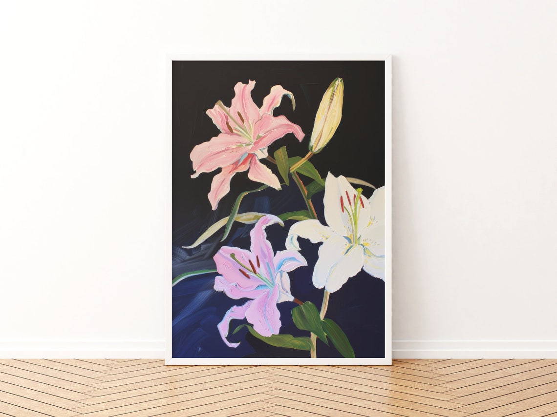 Elegant Pastel Lilies Floral Painting On Dark Background Poster - Image 3