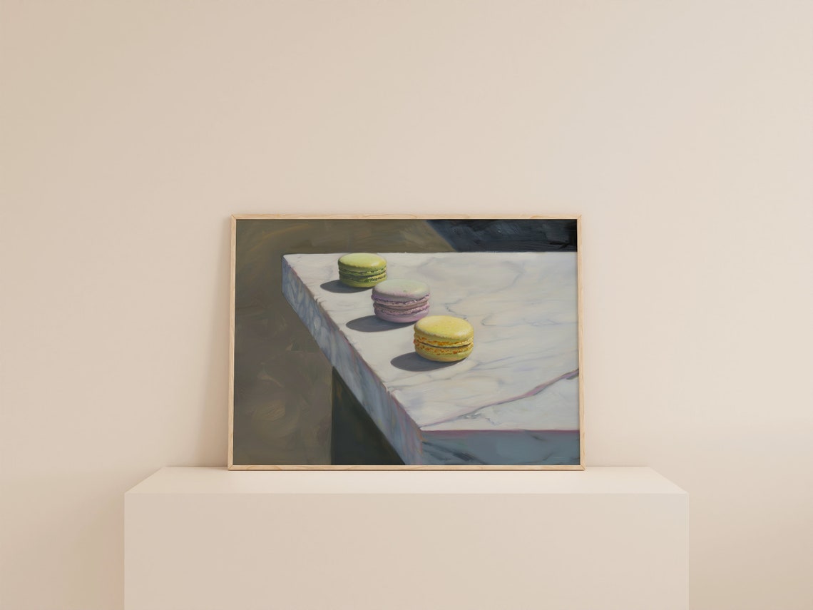 Three Colorful Macarons on Marble Table Oil Painting Dessert Poster - Image 2