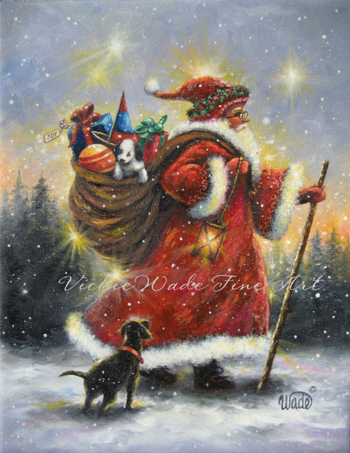 Santa Strolling Through Snow With Sack of Toys Winter Art Poster