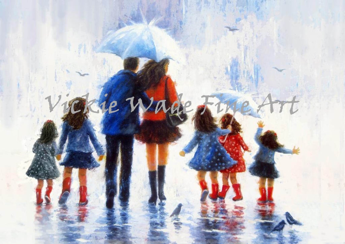 Five Daughters in Red Boots Walking With Parents in the Rain Poster