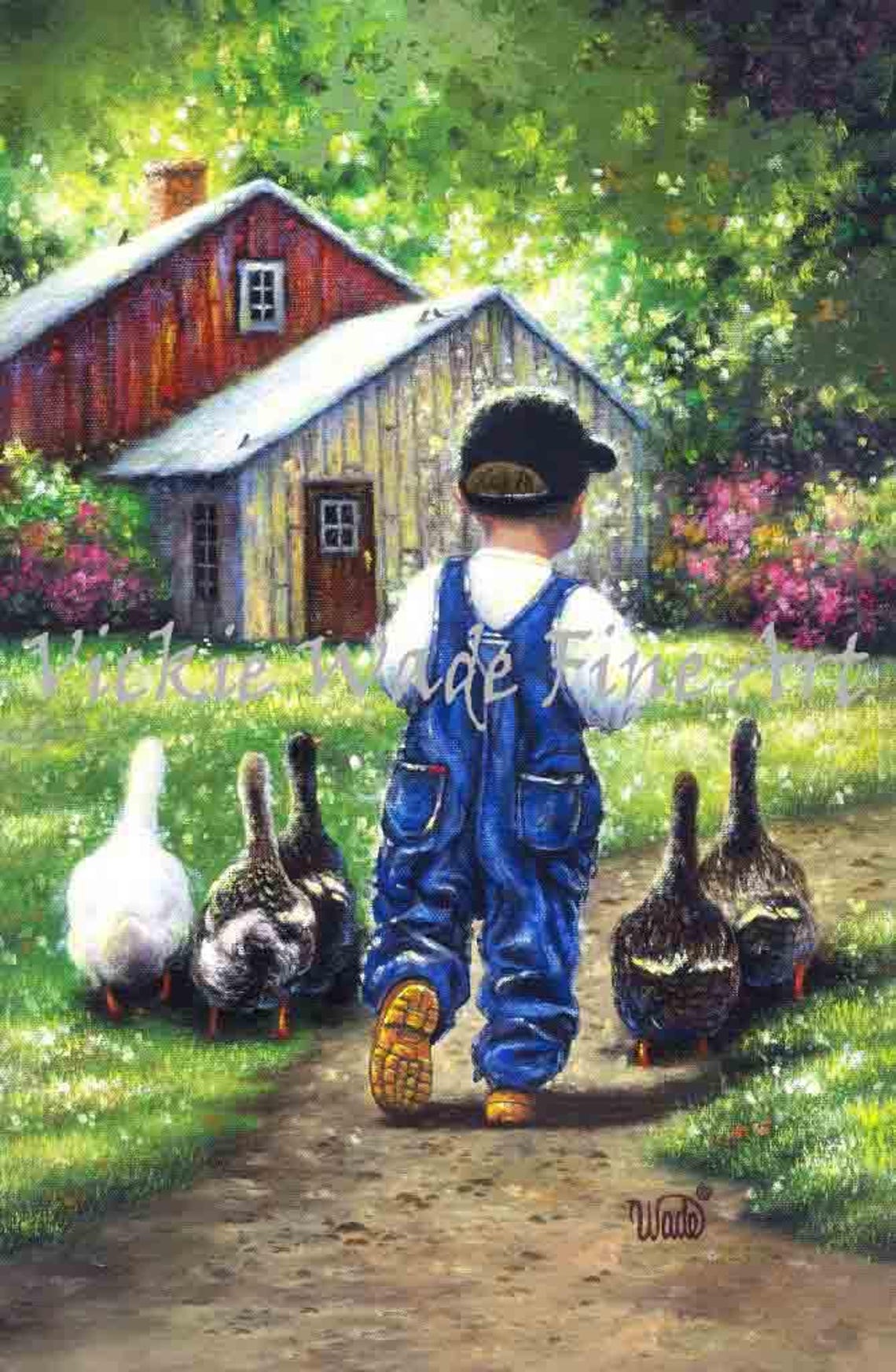 Little Farm Boy in Overalls Walking With Geese by the Barn Poster