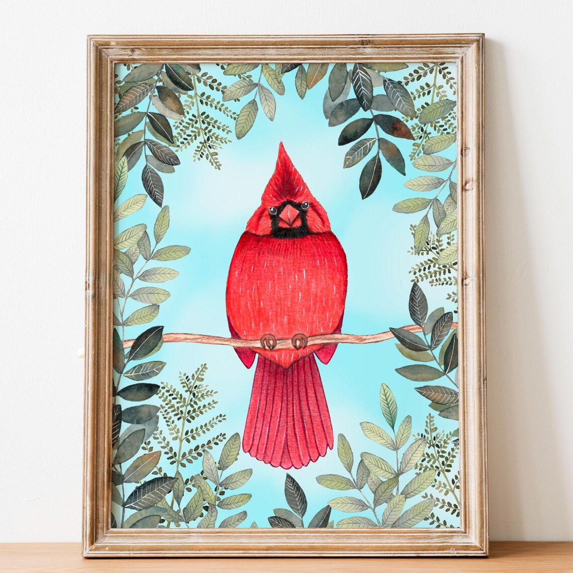 Northern Cardinal Bird Branch Watercolor Botanical Leaf Poster