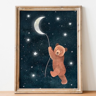 Bear Forest Nursery Art Print, Starry Night Inspired